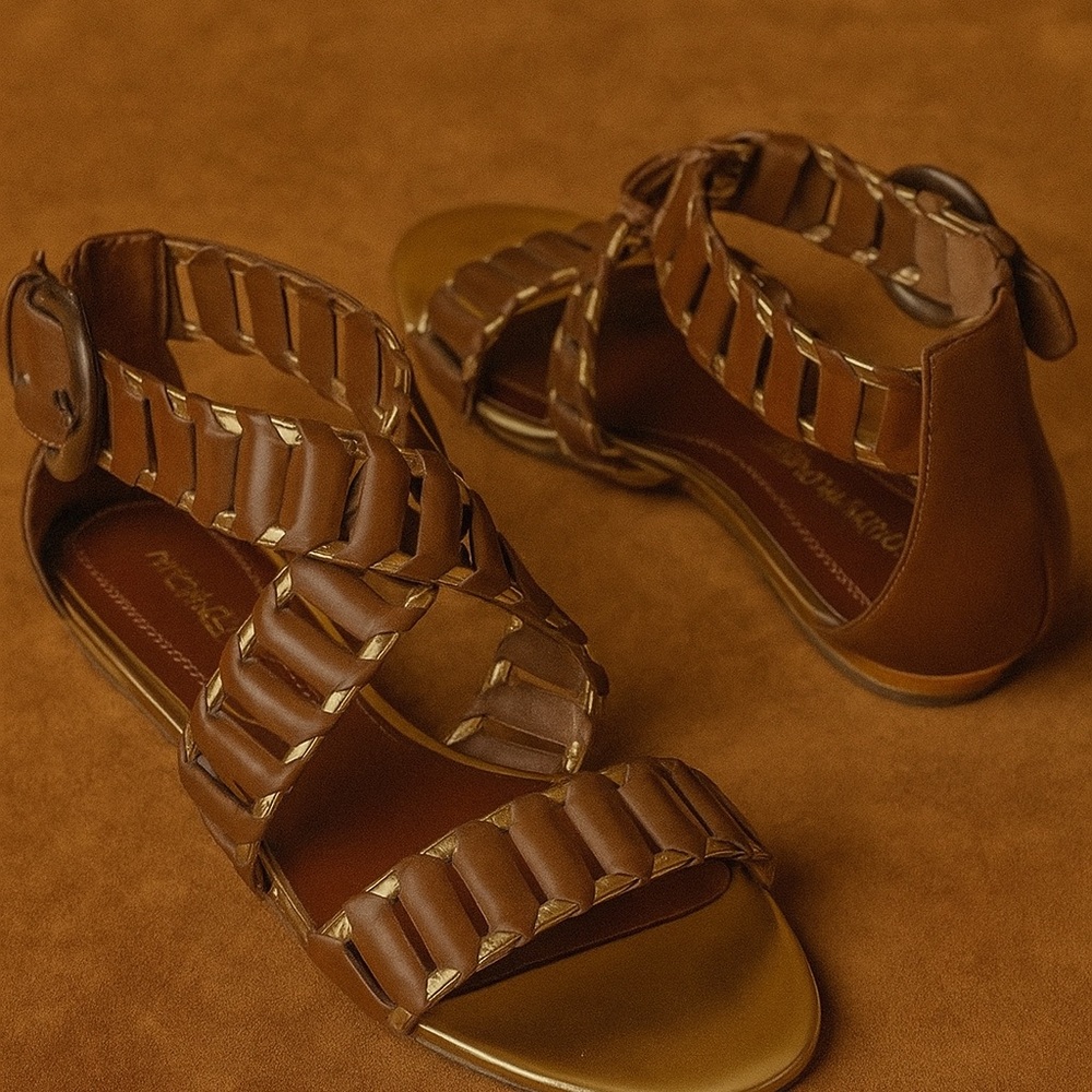 NWOT Libby. Edelman Tan Gold Gladiator Faux Leather Wrap Sandals Size 9.5